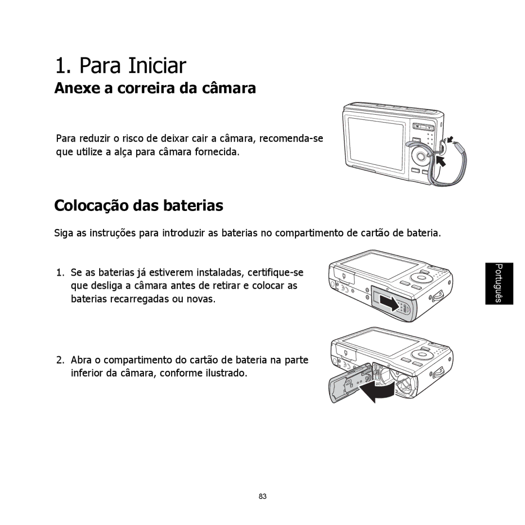 HP C-200 manual Para Iniciar, Anexe a correira da câmara, Colocação das baterias 