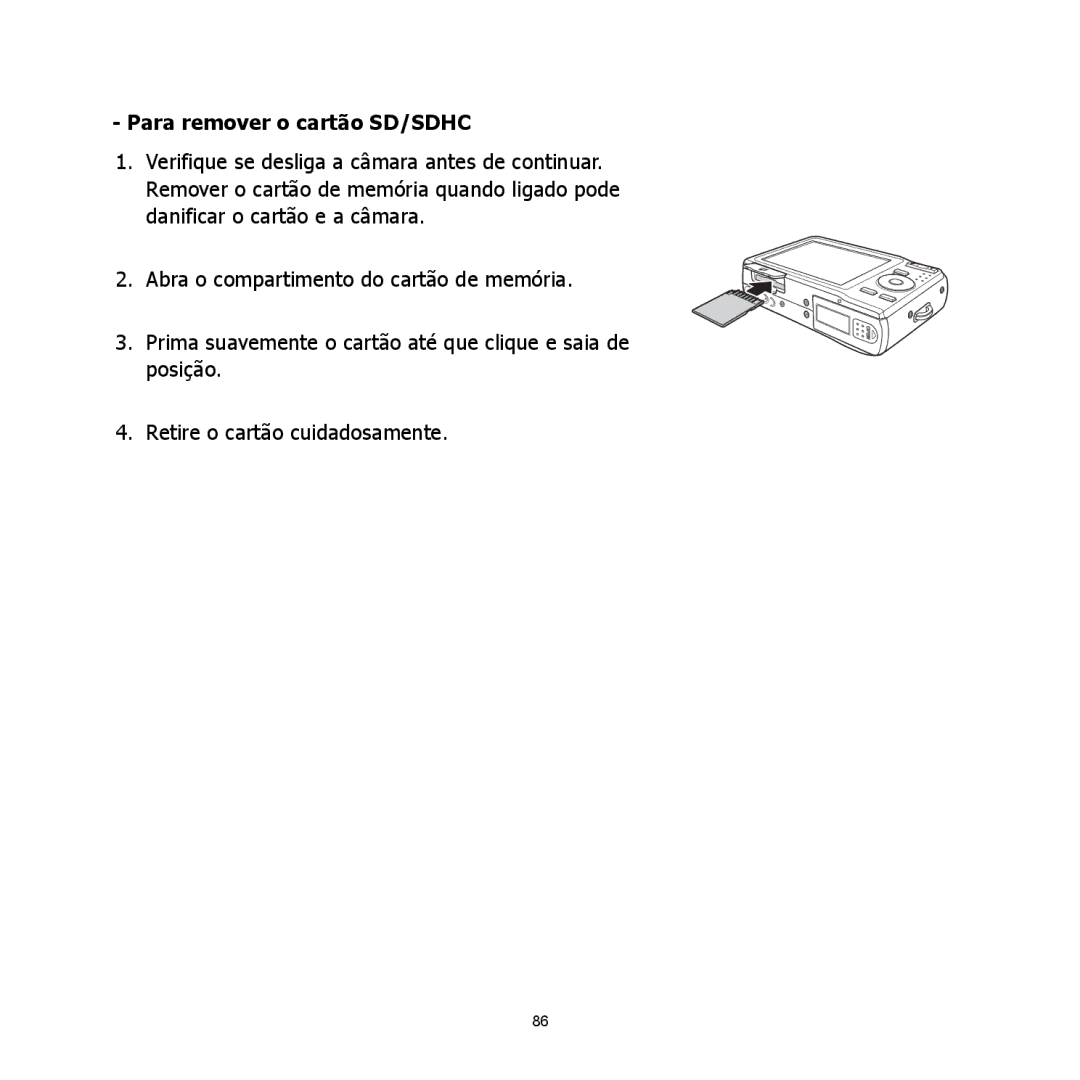 HP C-200 manual Para remover o cartão SD/SDHC 