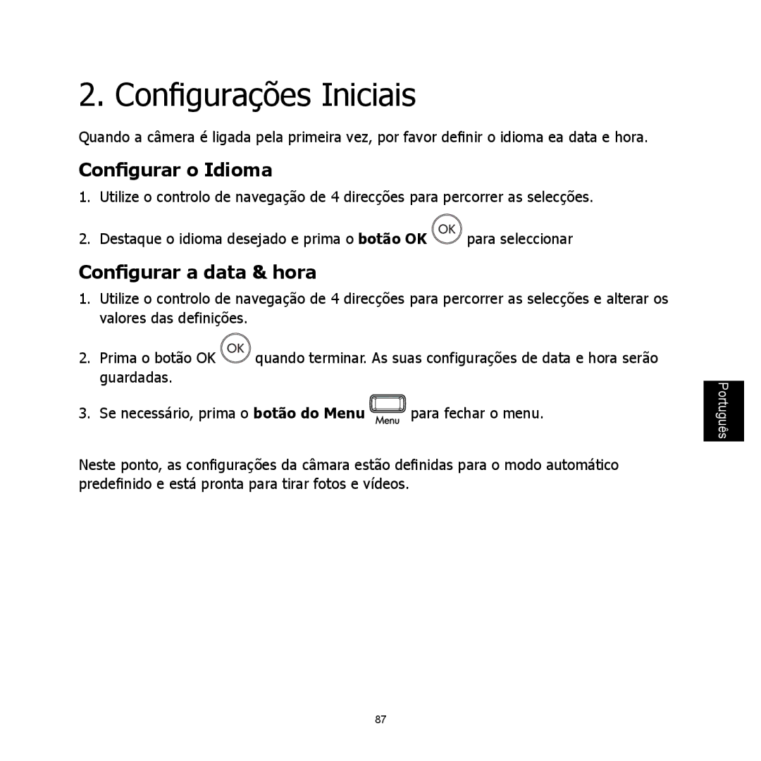 HP C-200 manual Conﬁ gurações Iniciais, Conﬁ gurar o Idioma, Conﬁ gurar a data & hora 