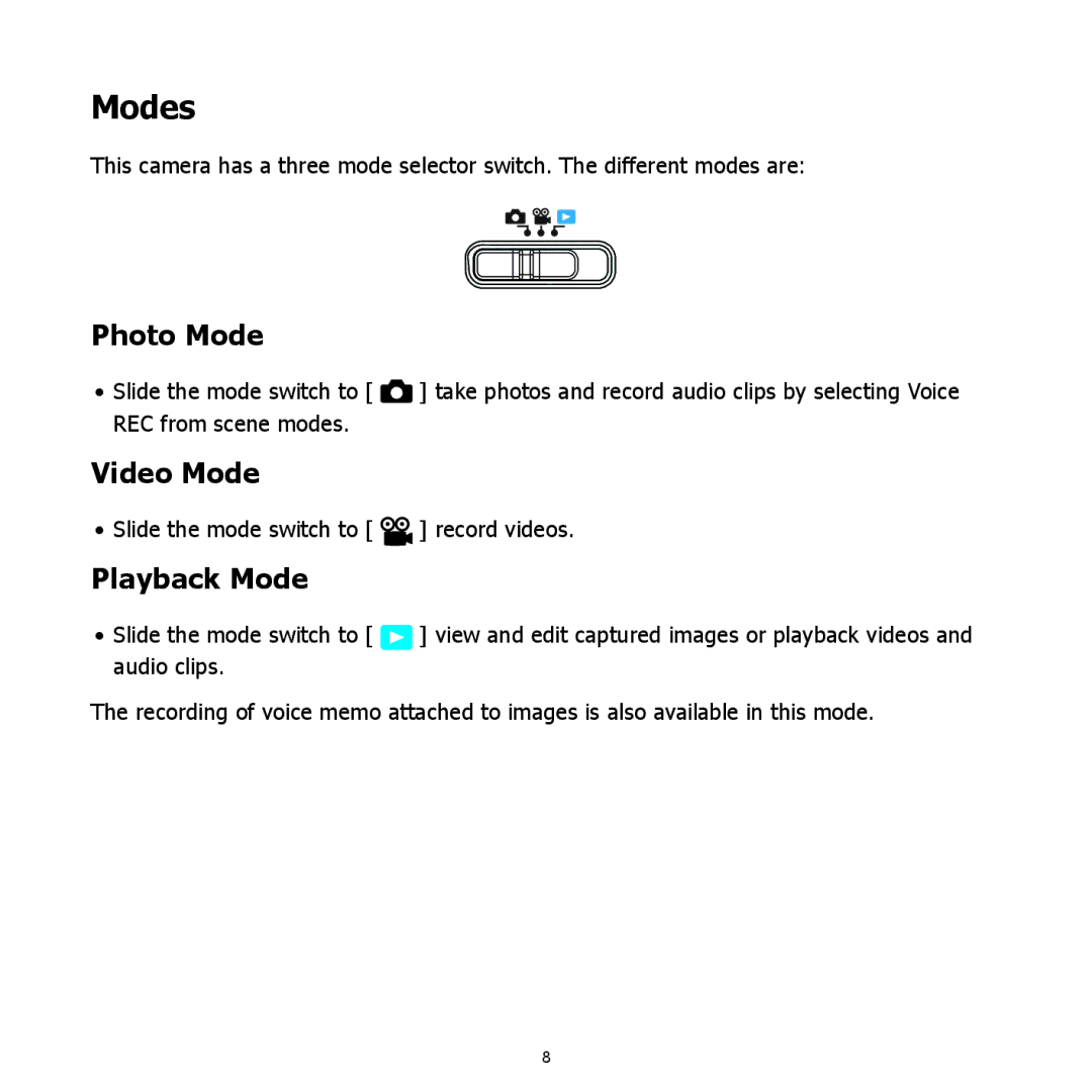 HP C-500 manual Photo Mode, Video Mode, Playback Mode 