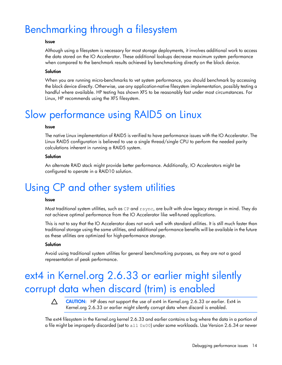 HP c-Class Performance Tuning manual Benchmarking through a filesystem, Slow performance using RAID5 on Linux 