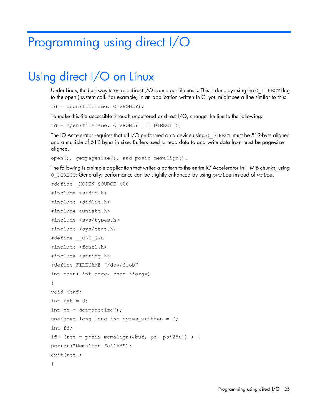 HP c-Class Performance Tuning manual Programming using direct I/O, Using direct I/O on Linux, Fd = openfilename, Owronly 