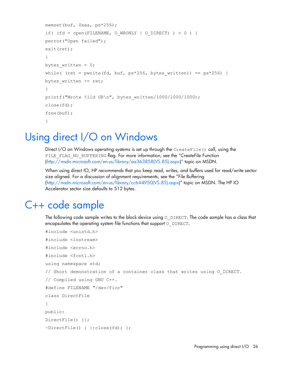 HP c-Class Performance Tuning manual Using direct I/O on Windows ++ code sample 