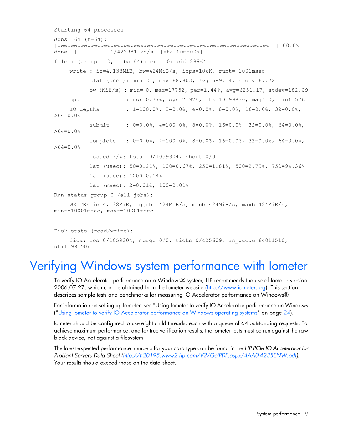 HP c-Class Performance Tuning manual Verifying Windows system performance with Iometer 