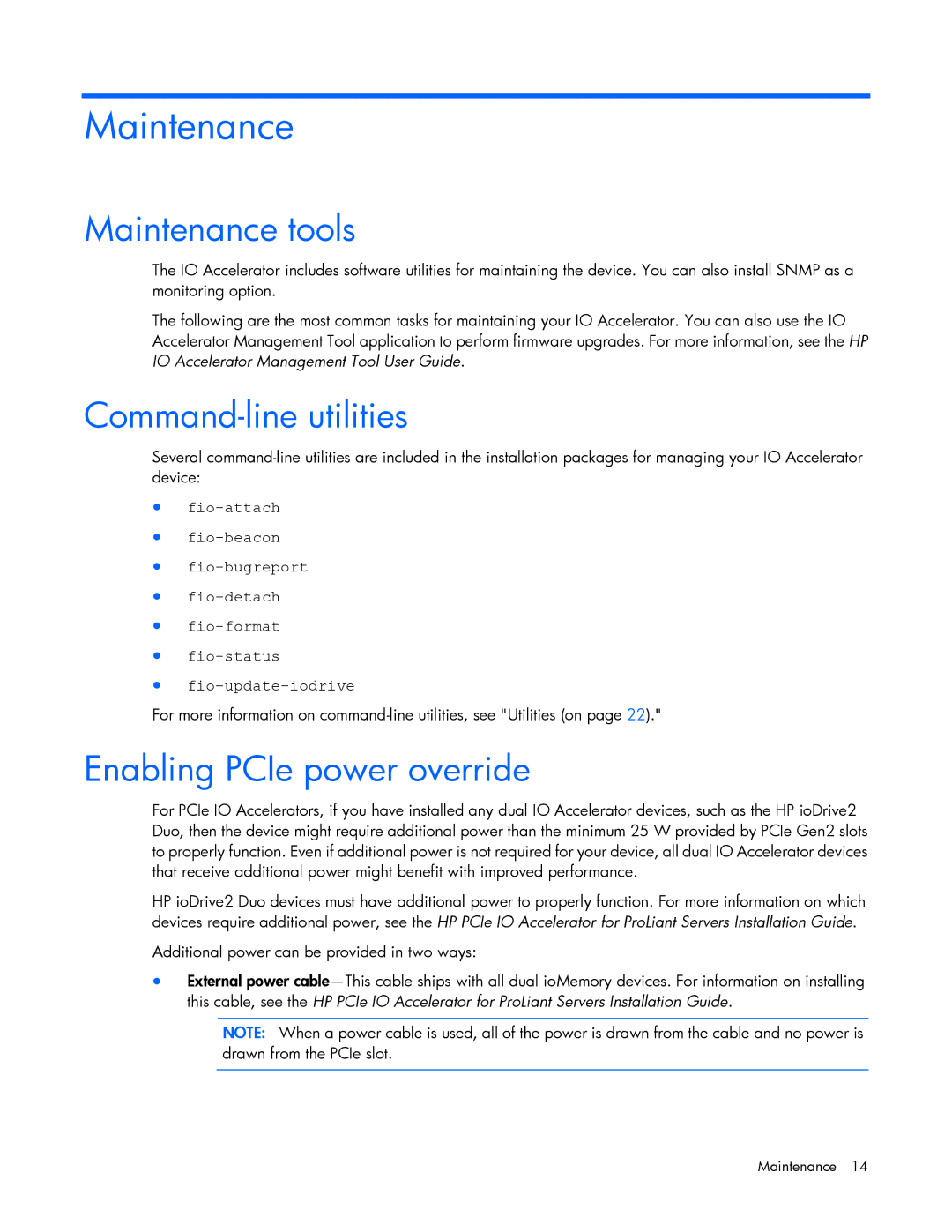 HP c-Class Solaris manual Maintenance tools, Command-line utilities, Enabling PCIe power override 