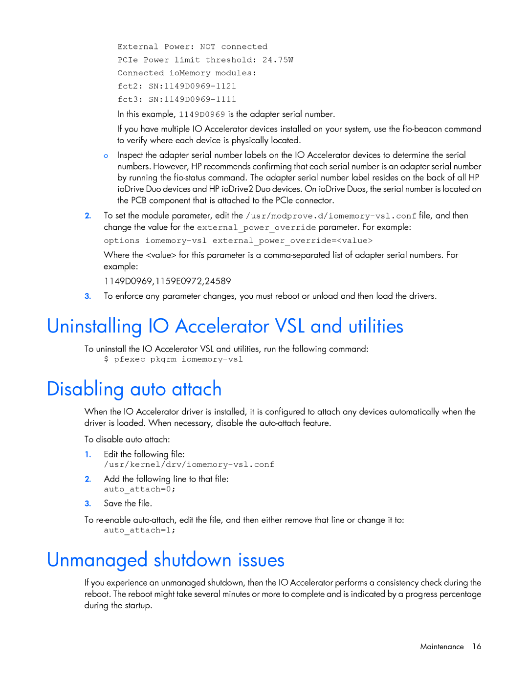 HP c-Class Solaris manual Uninstalling IO Accelerator VSL and utilities, Disabling auto attach, Unmanaged shutdown issues 