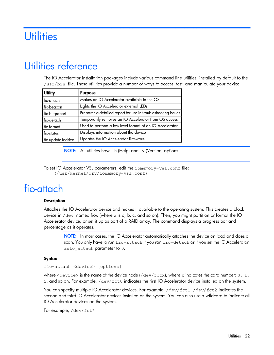 HP c-Class Solaris manual Utilities reference, Fio-attach device options 