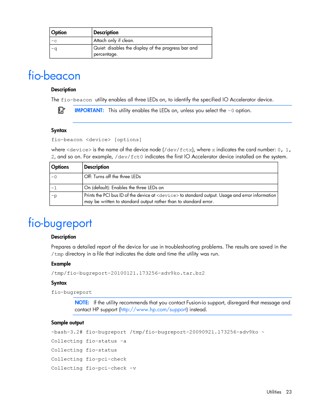 HP c-Class Solaris manual Fio-bugreport, Fio-beacon device options, Tmp/fio-bugreport-20100121.173256-sdv9ko.tar.bz2 