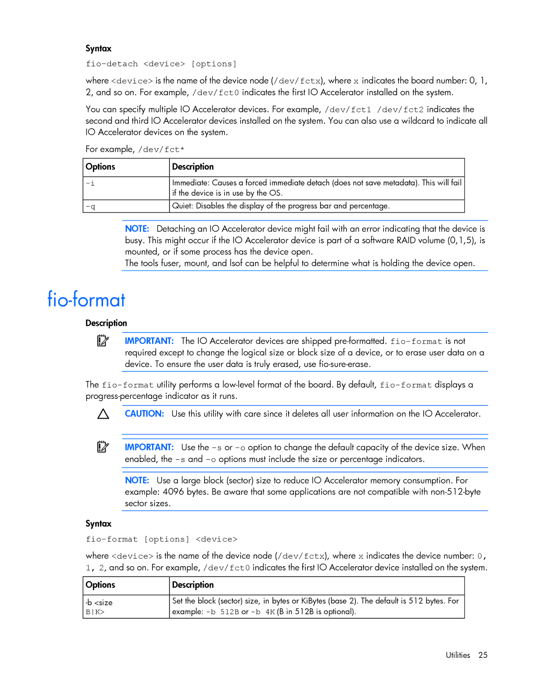 HP c-Class Solaris manual Fio-detach device options, Fio-format options device 