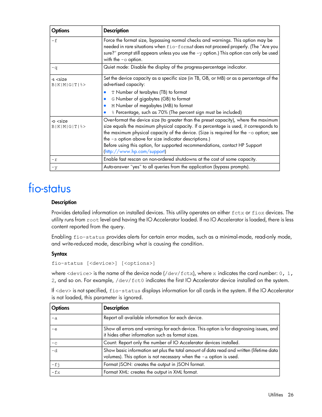 HP c-Class Solaris manual Fio-status device options 