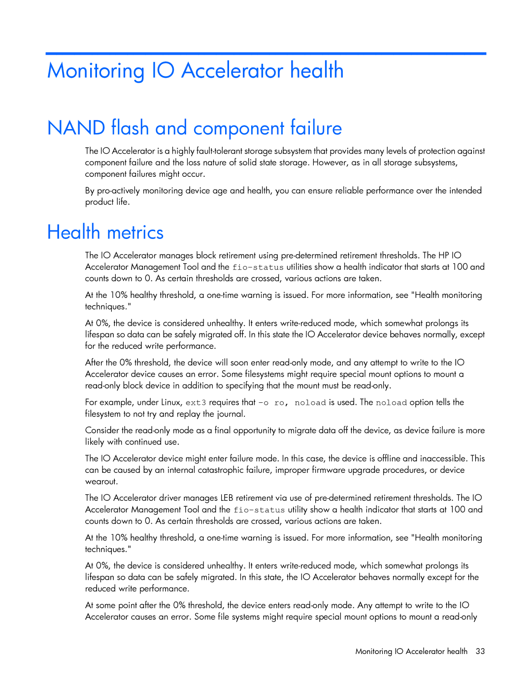 HP c-Class Solaris manual Monitoring IO Accelerator health, Nand flash and component failure, Health metrics 