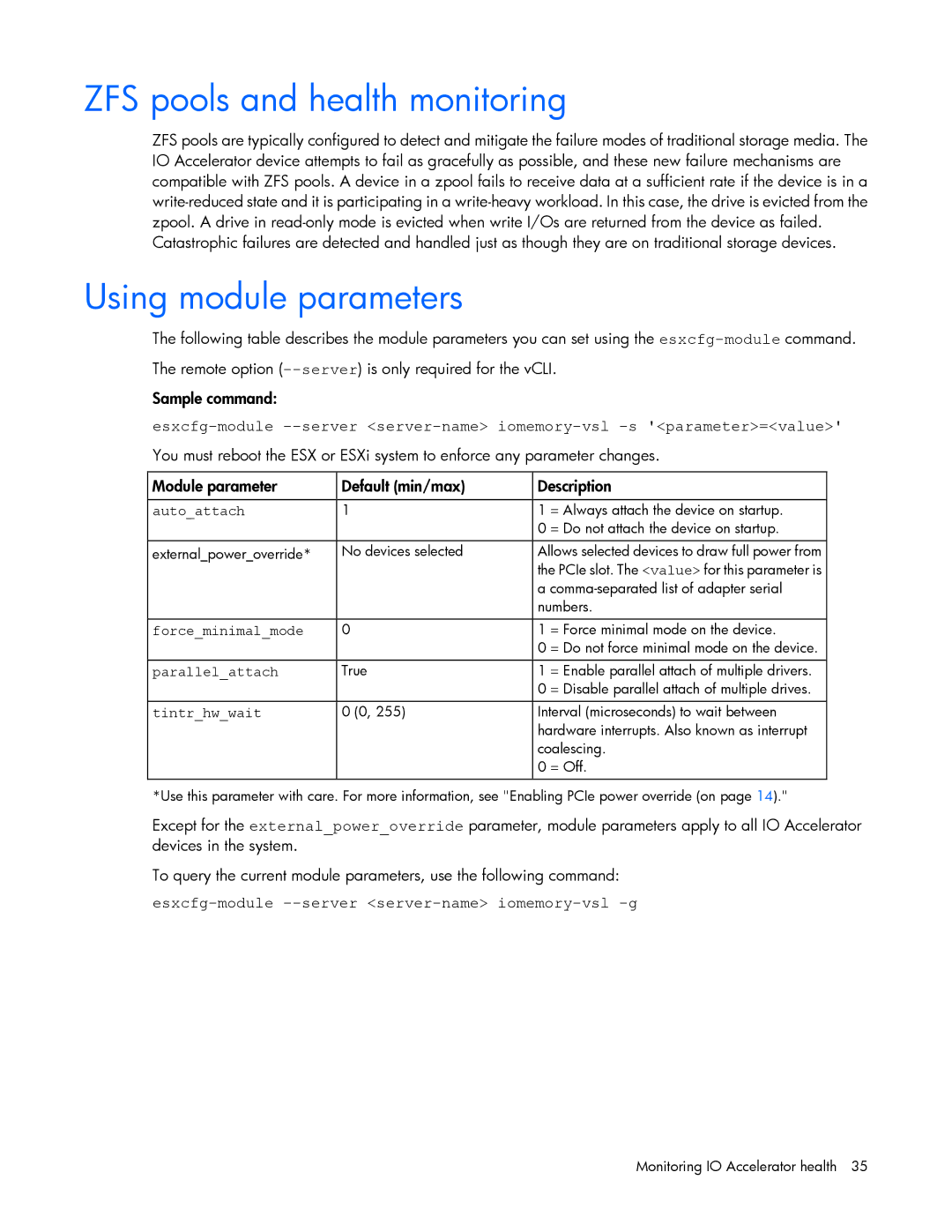 HP c-Class Solaris manual ZFS pools and health monitoring, Using module parameters 