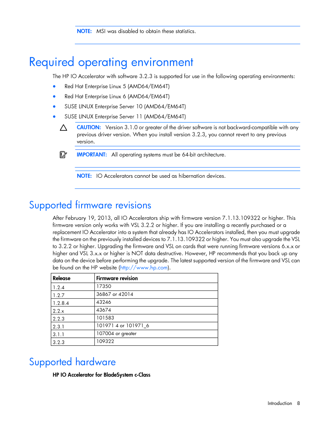 HP c-Class Solaris manual Required operating environment, Supported firmware revisions 