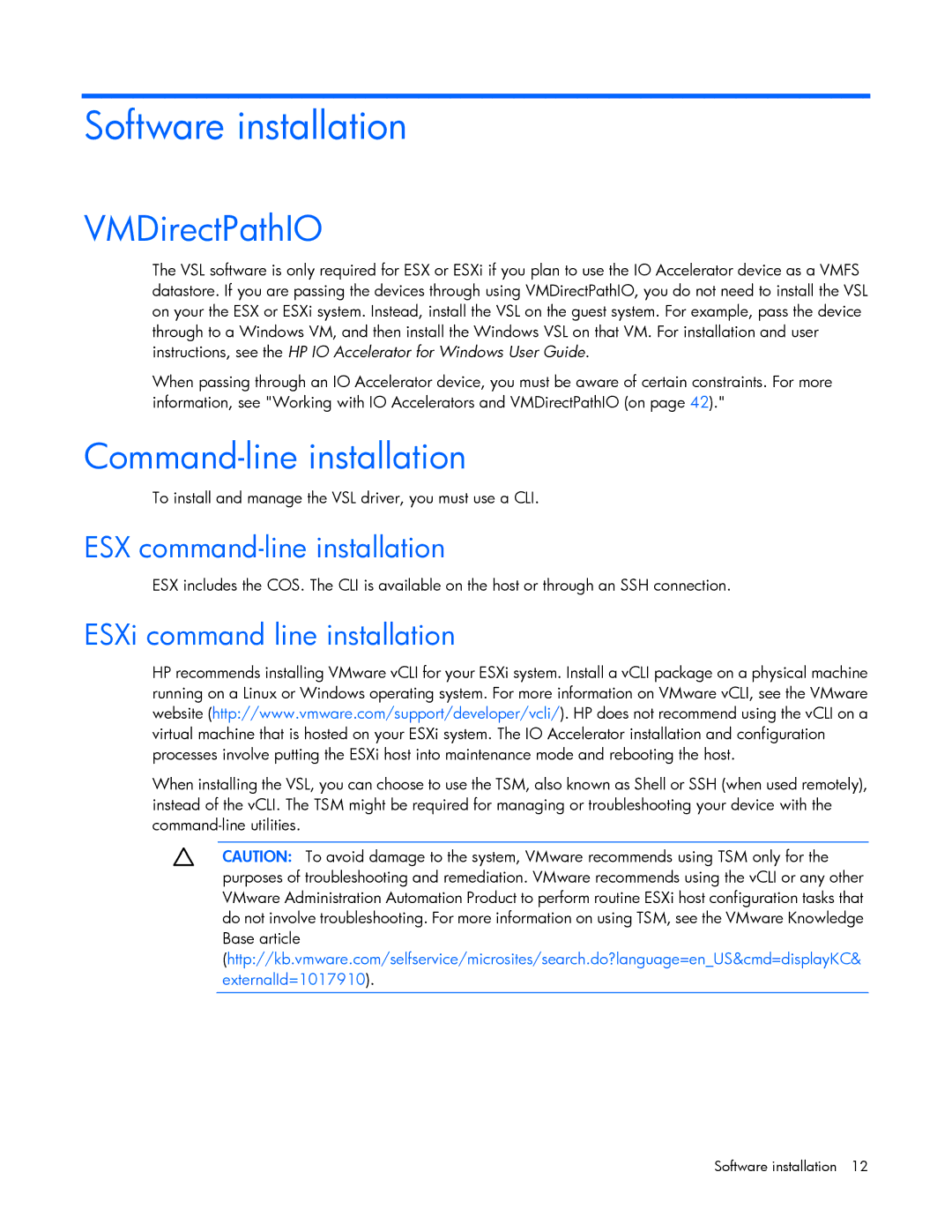 HP c-Class Vmware manual Software installation, VMDirectPathIO, Command-line installation, ESX command-line installation 