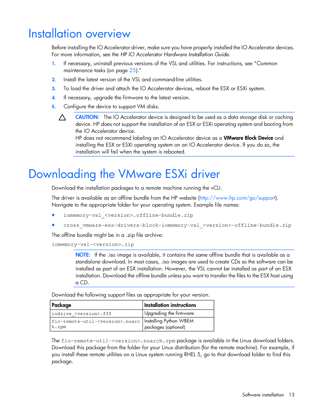 HP c-Class Vmware manual Installation overview, Downloading the VMware ESXi driver, Iomemory-vsl-version.zip 