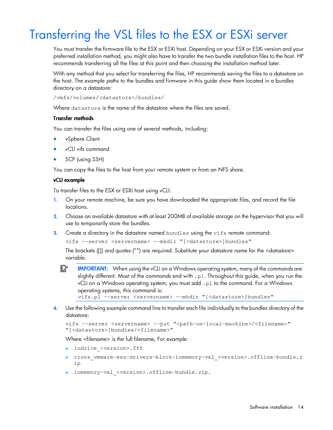 HP c-Class Vmware manual Transferring the VSL files to the ESX or ESXi server, Vmfs/volumes/datastore/bundles 