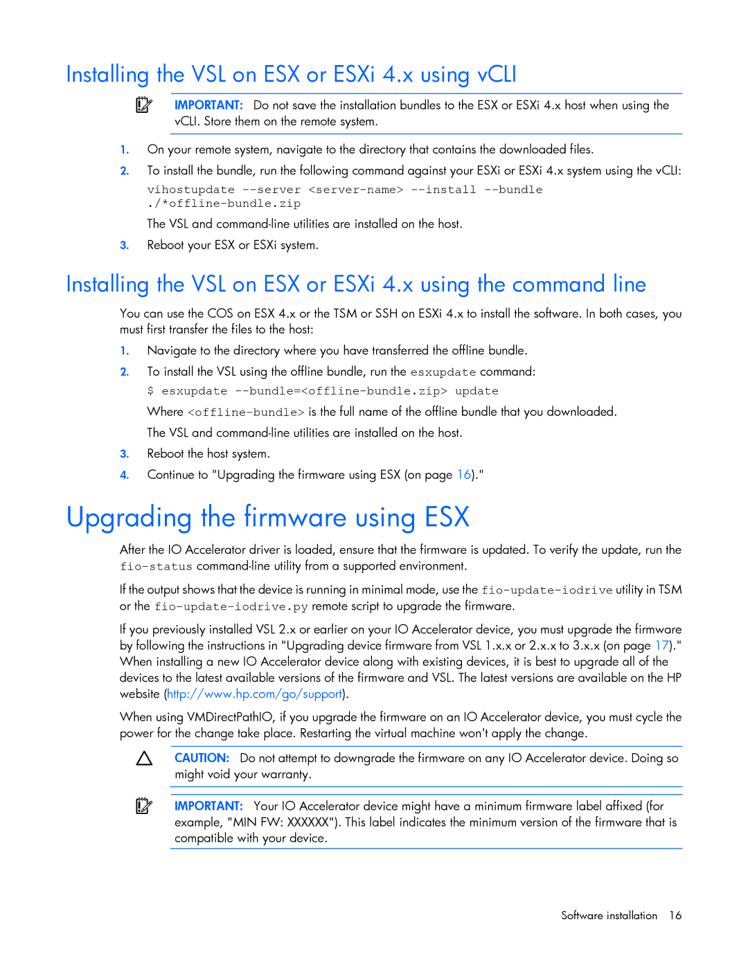 HP c-Class Vmware manual Upgrading the firmware using ESX, Installing the VSL on ESX or ESXi 4.x using vCLI 