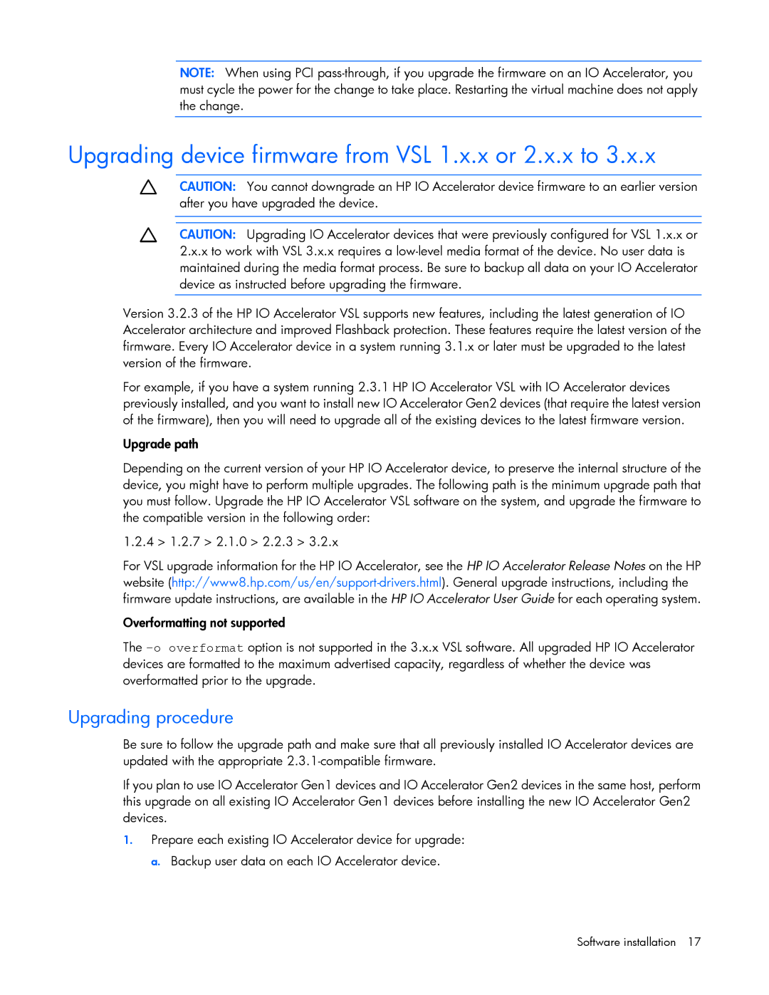 HP c-Class Vmware manual Upgrading device firmware from VSL 1.x.x or 2.x.x to, Upgrading procedure 