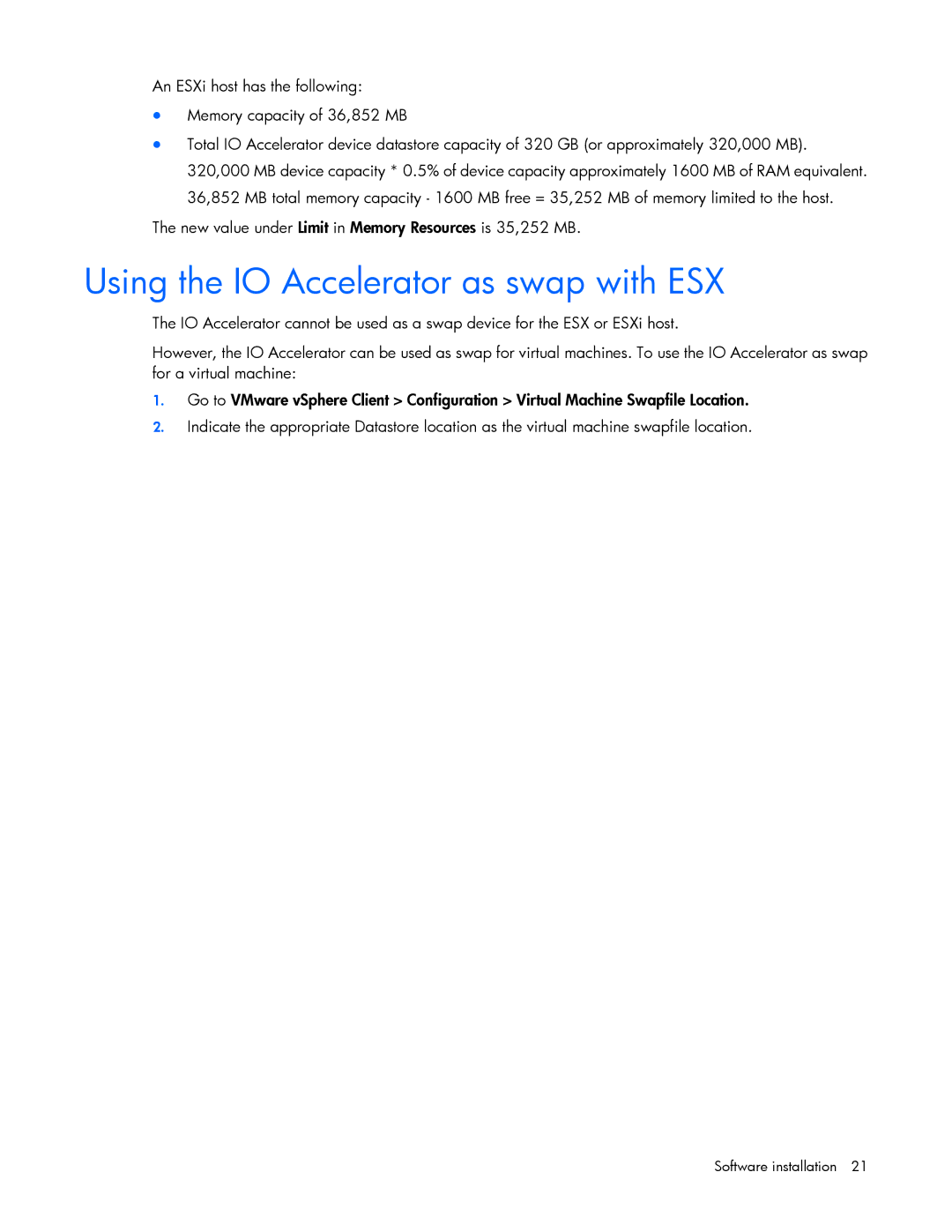 HP c-Class Vmware manual Using the IO Accelerator as swap with ESX 