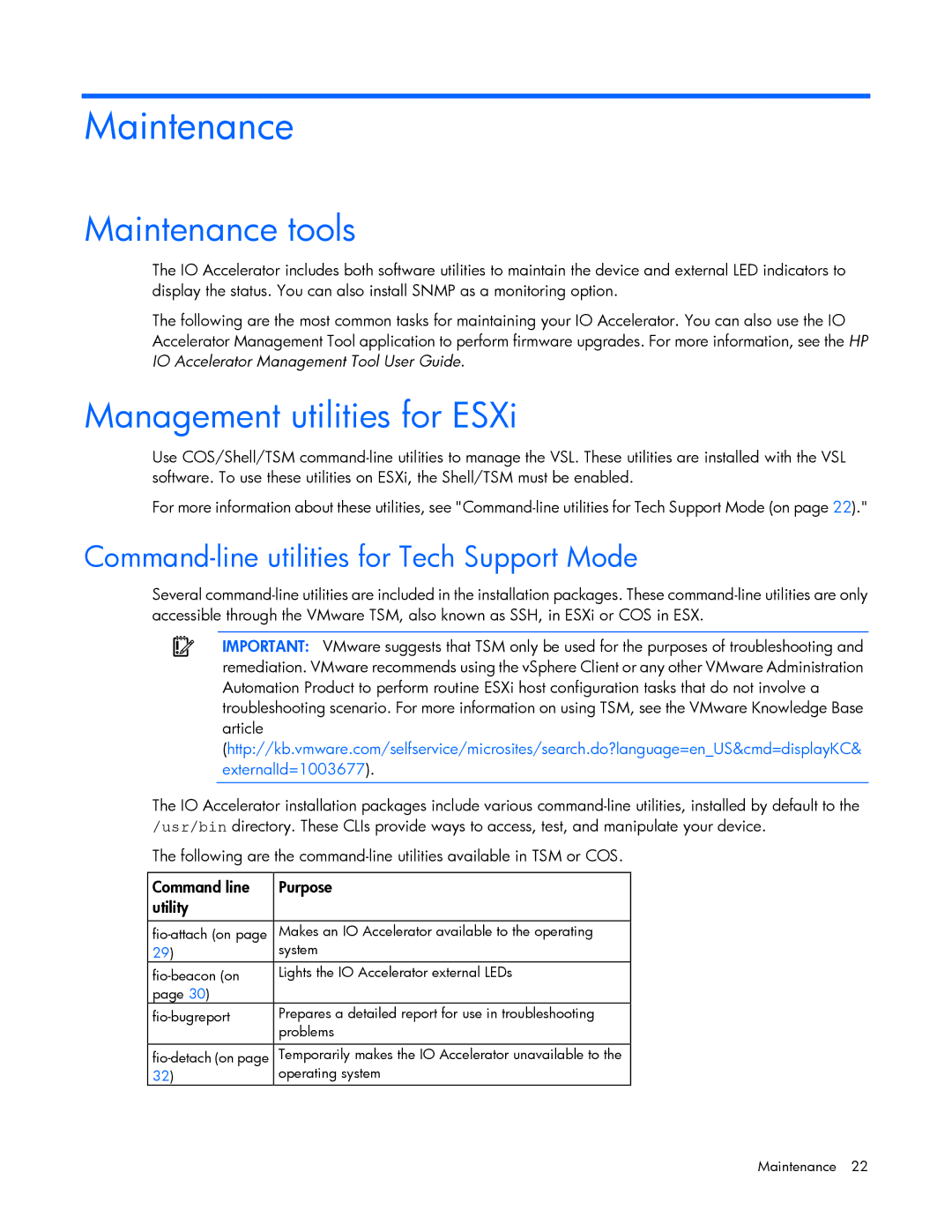 HP c-Class Vmware manual Maintenance tools, Management utilities for ESXi, Command-line utilities for Tech Support Mode 