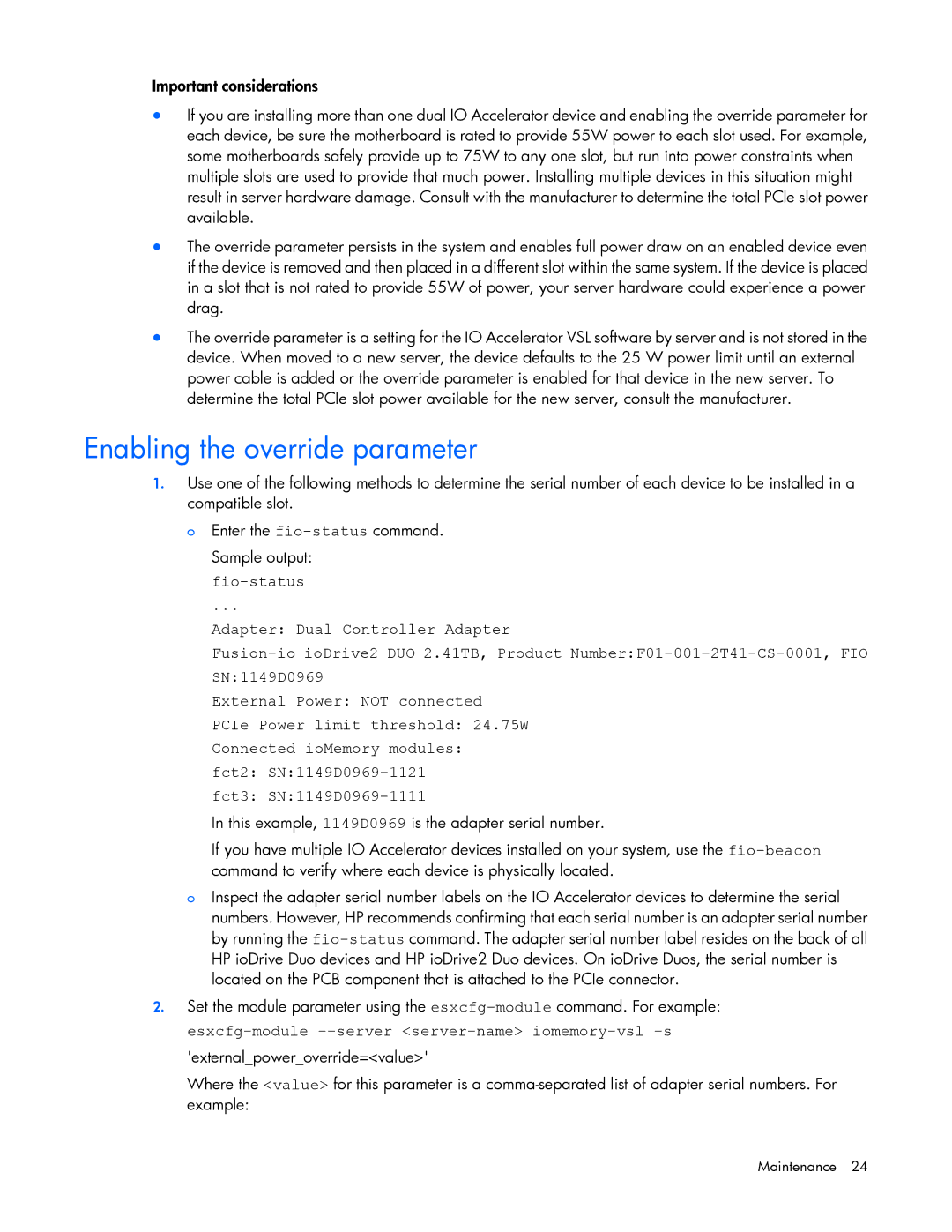 HP c-Class Vmware manual Enabling the override parameter 