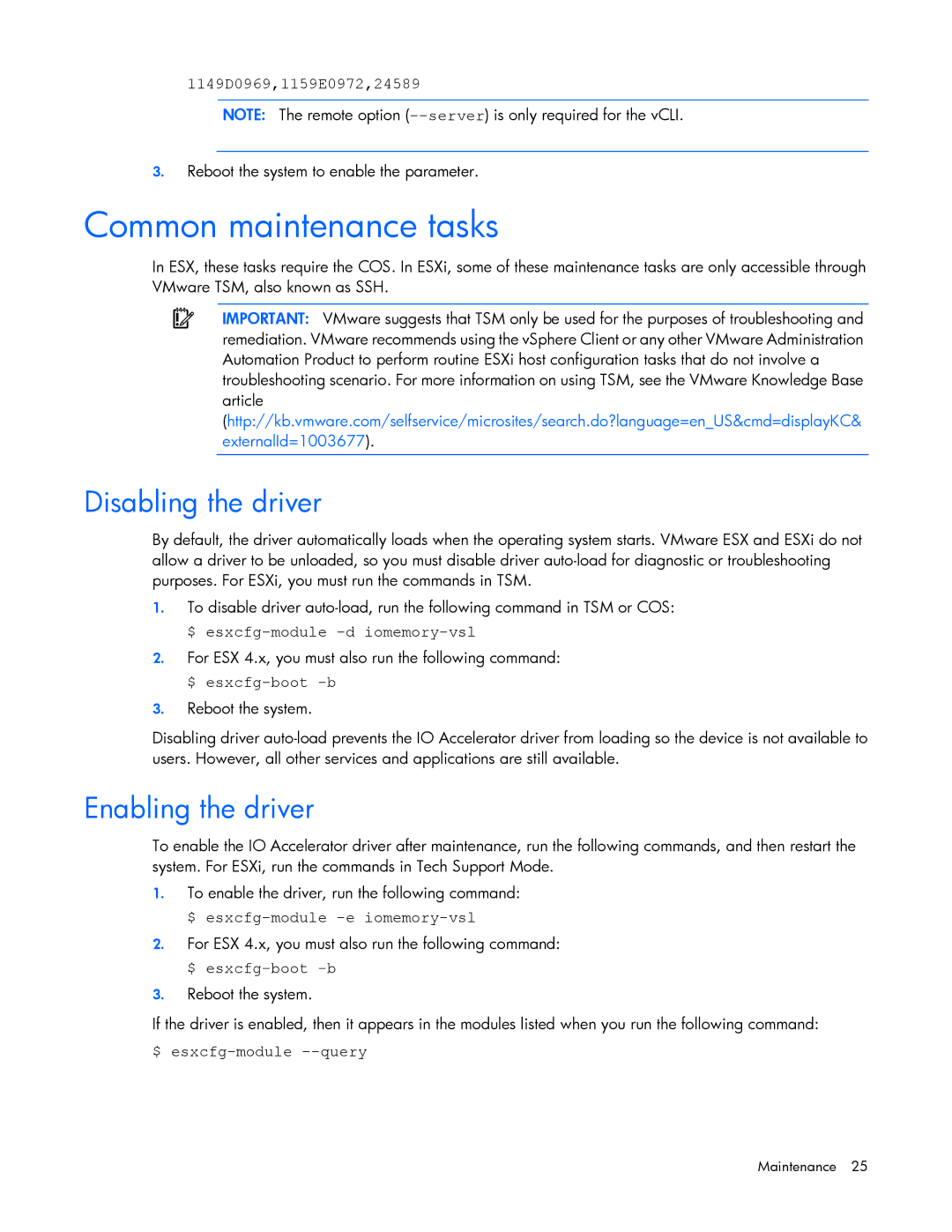 HP c-Class Vmware manual Common maintenance tasks, Disabling the driver, Enabling the driver, 1149D0969,1159E0972,24589 