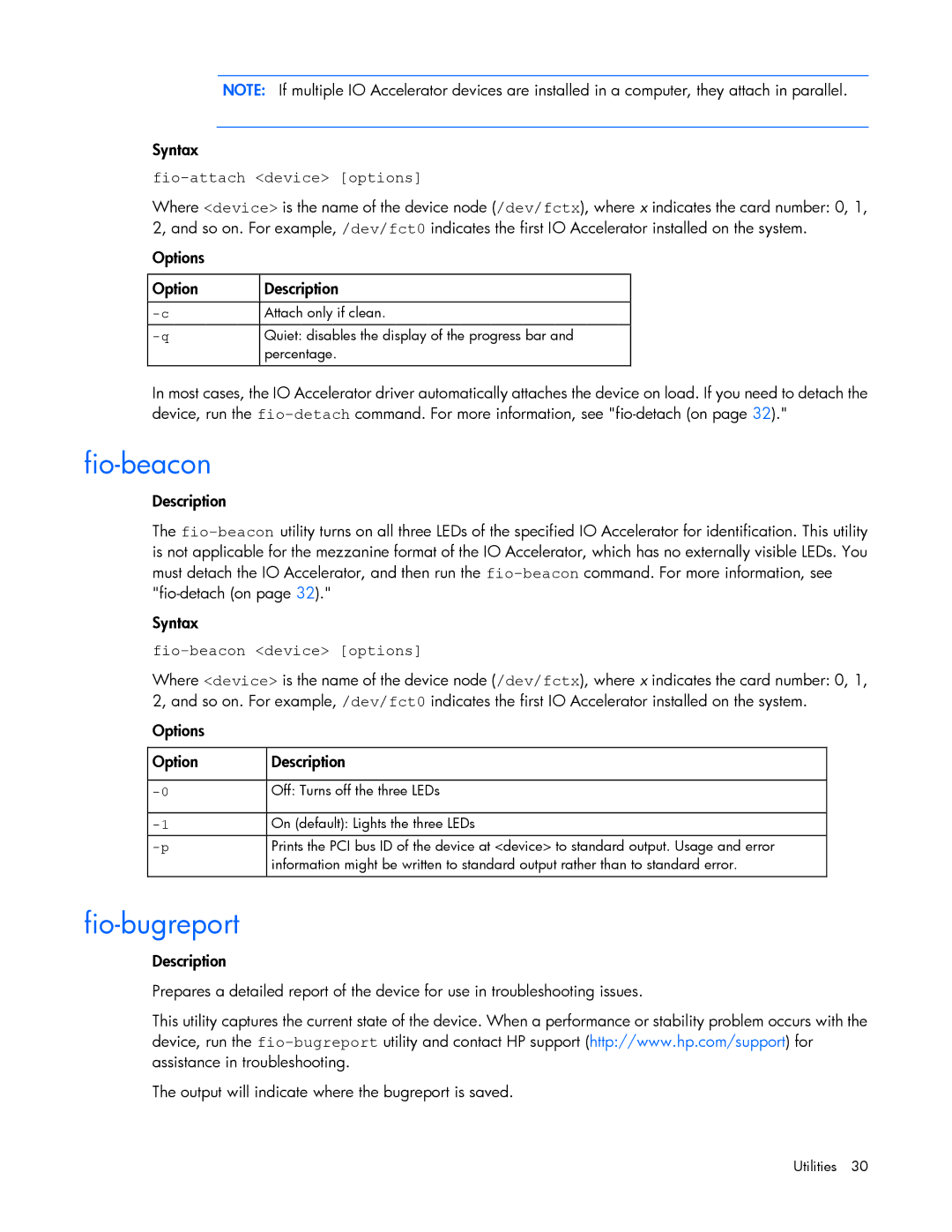 HP c-Class Vmware manual Fio-bugreport, Fio-attach device options, Fio-beacon device options 