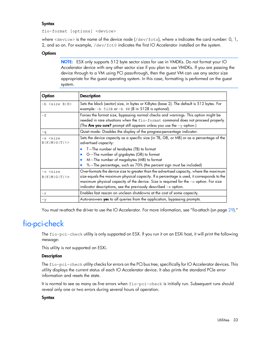 HP c-Class Vmware manual Fio-pci-check, Fio-format options device 