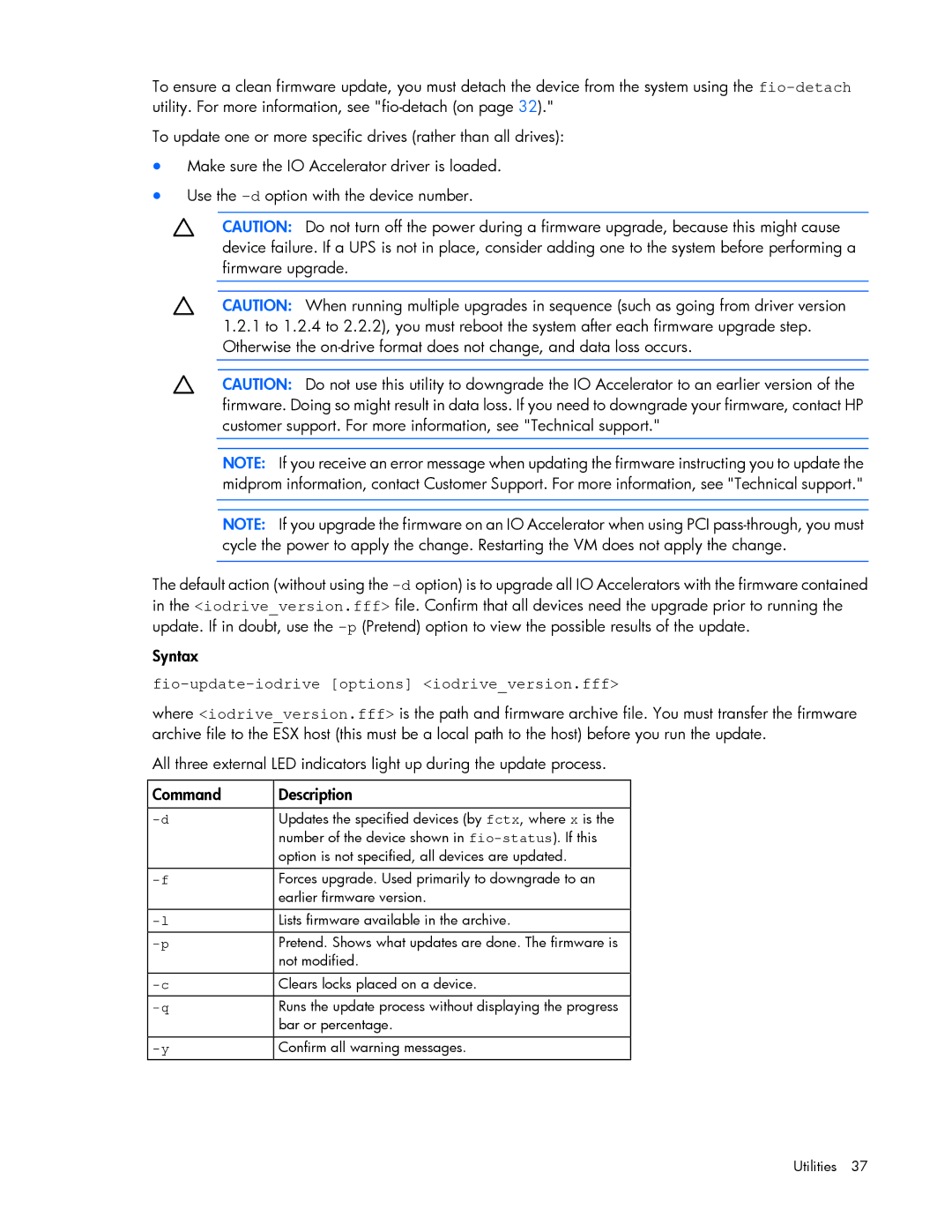 HP c-Class Vmware manual Fio-update-iodrive options iodriveversion.fff 