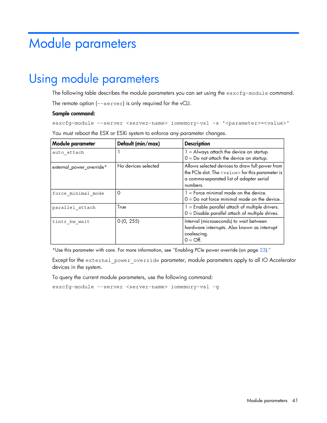 HP c-Class Vmware manual Module parameters, Using module parameters, Esxcfg-module --server server-name iomemory-vsl -g 