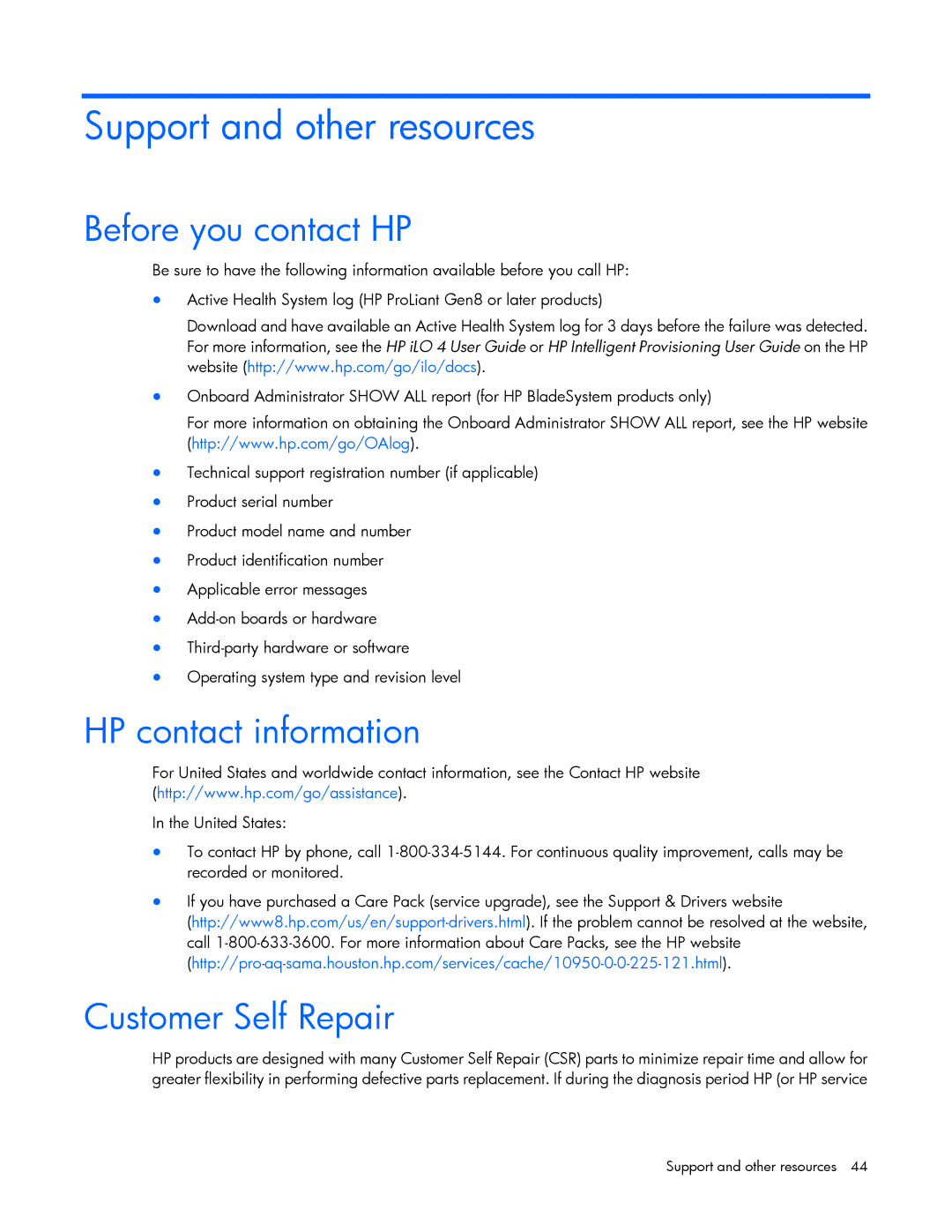 HP c-Class Vmware manual Support and other resources, Before you contact HP, HP contact information, Customer Self Repair 