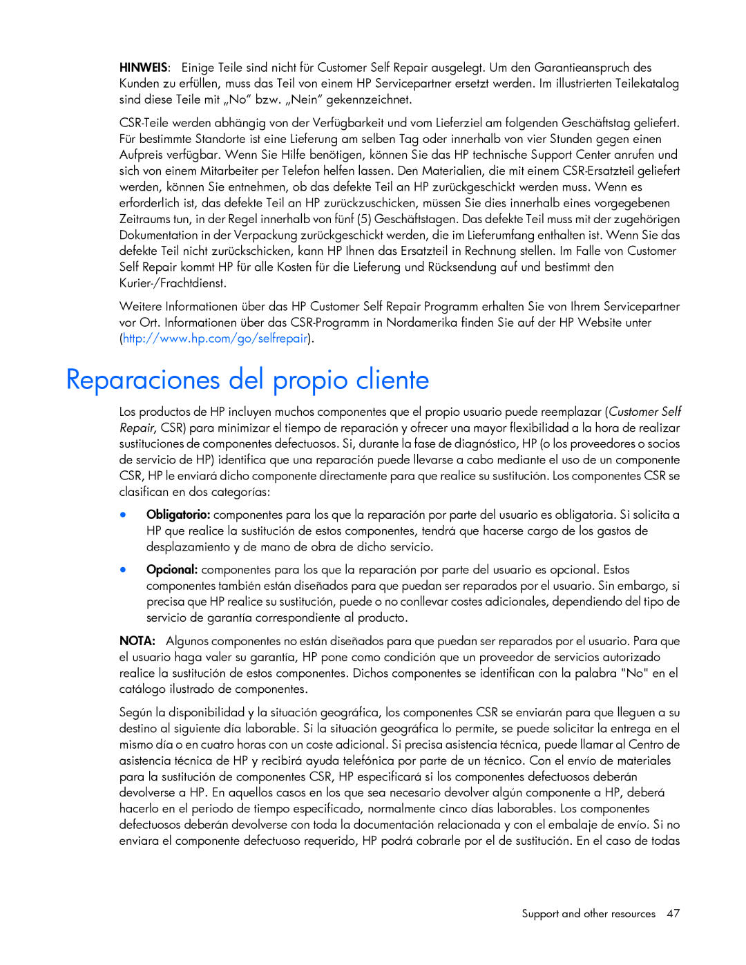 HP c-Class Vmware manual Reparaciones del propio cliente 