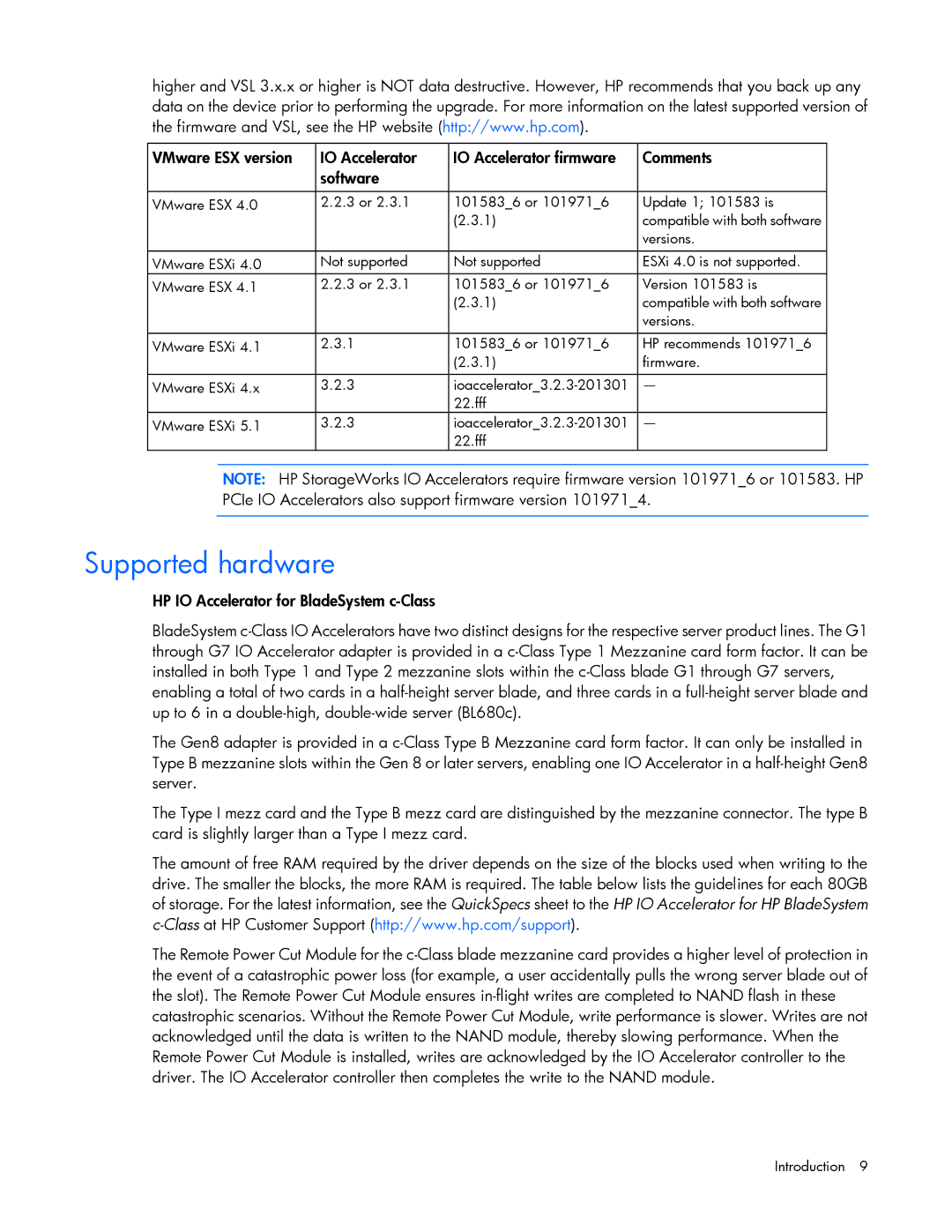 HP c-Class Vmware manual Supported hardware 