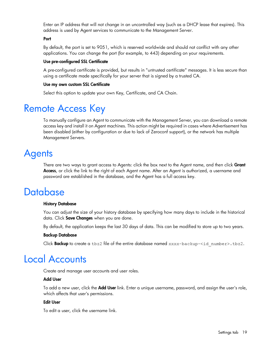 HP c-Class manual Remote Access Key, Agents, Database, Local Accounts 