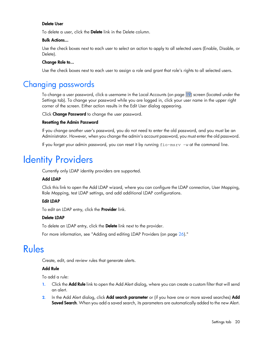 HP c-Class manual Identity Providers, Rules, Changing passwords 