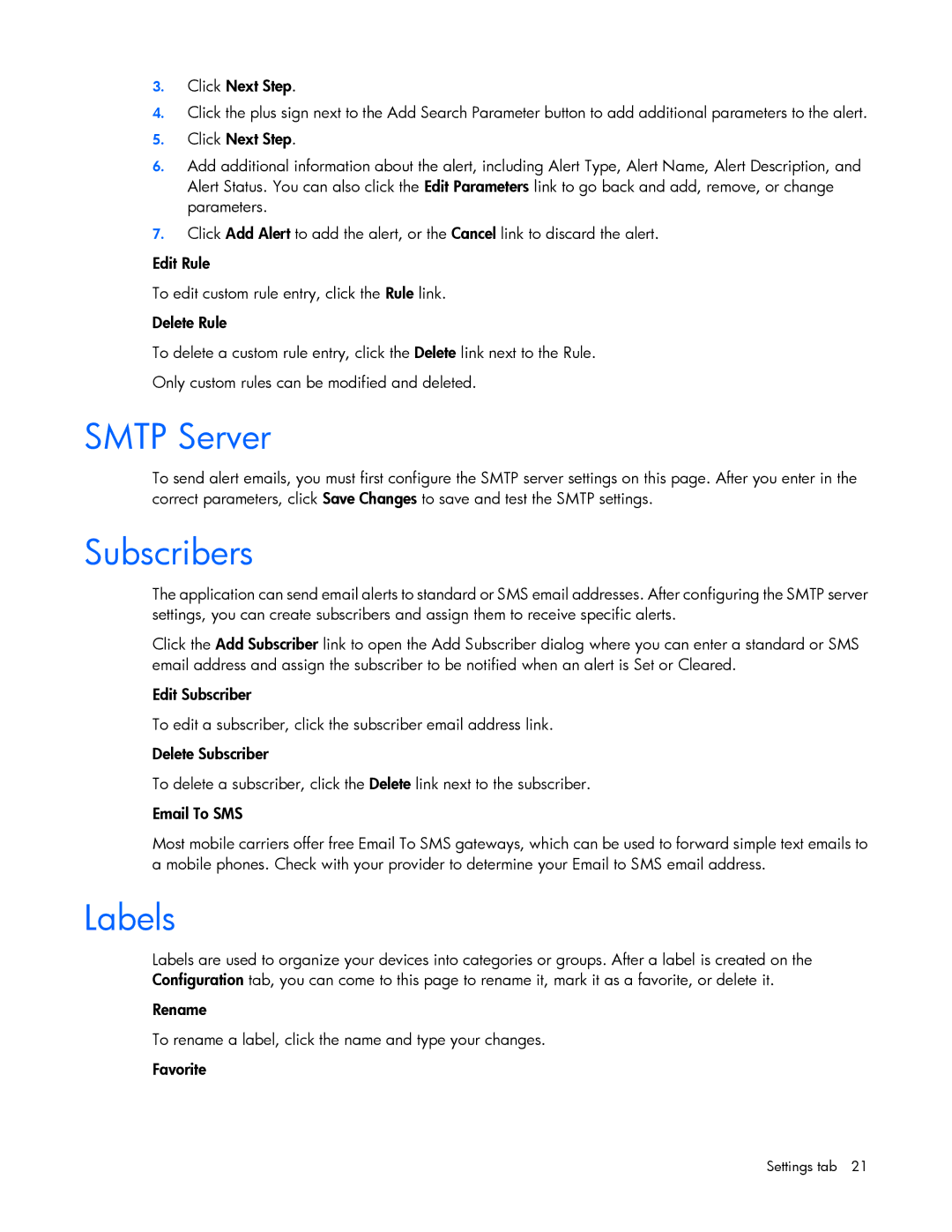 HP c-Class manual Smtp Server, Subscribers, Labels 