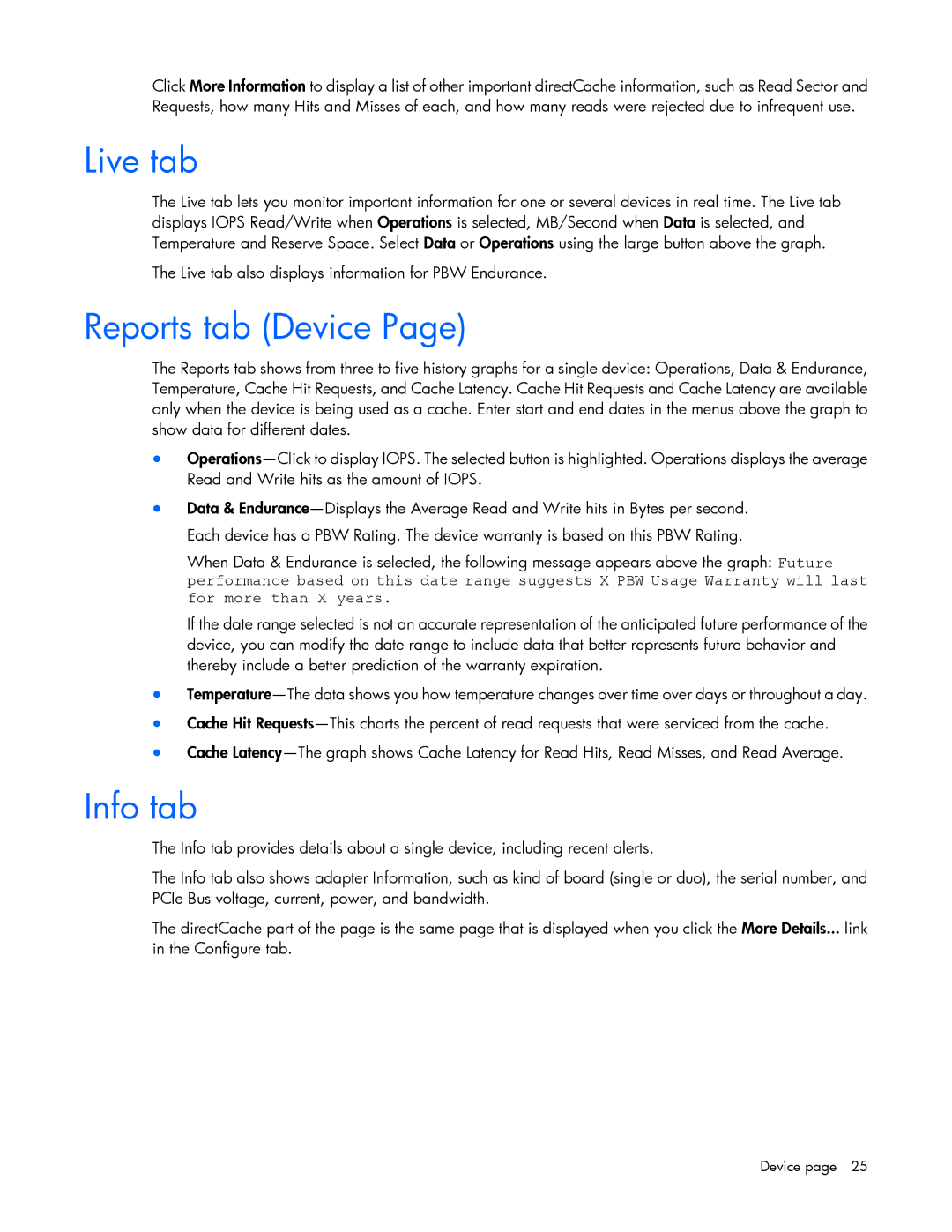 HP c-Class manual Live tab, Reports tab Device, Info tab 