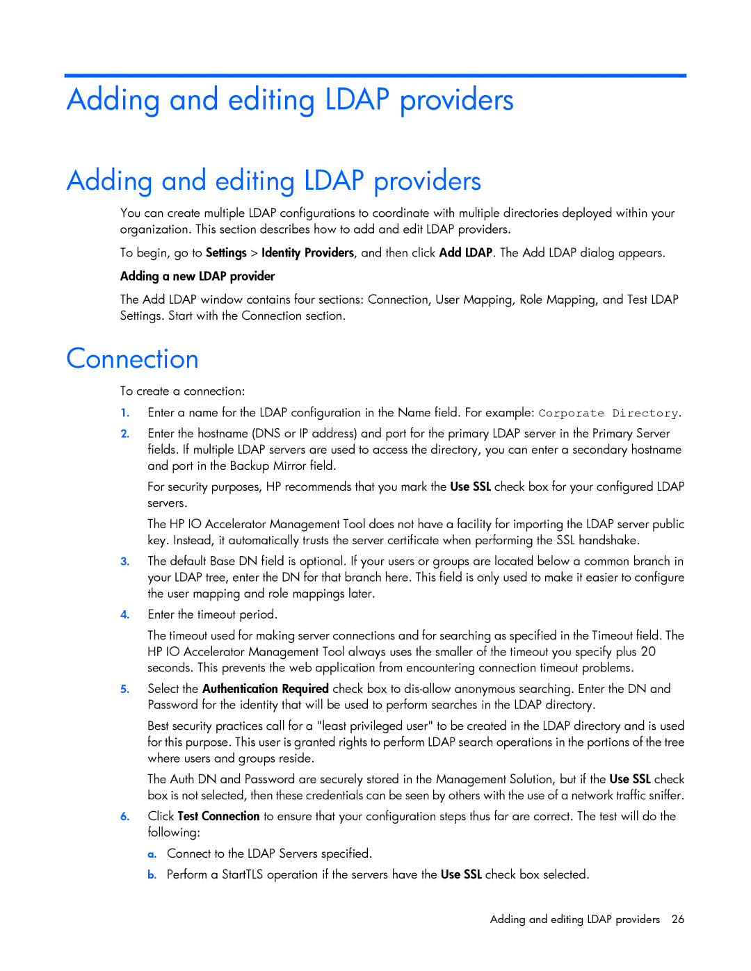 HP c-Class manual Adding and editing Ldap providers, Connection 