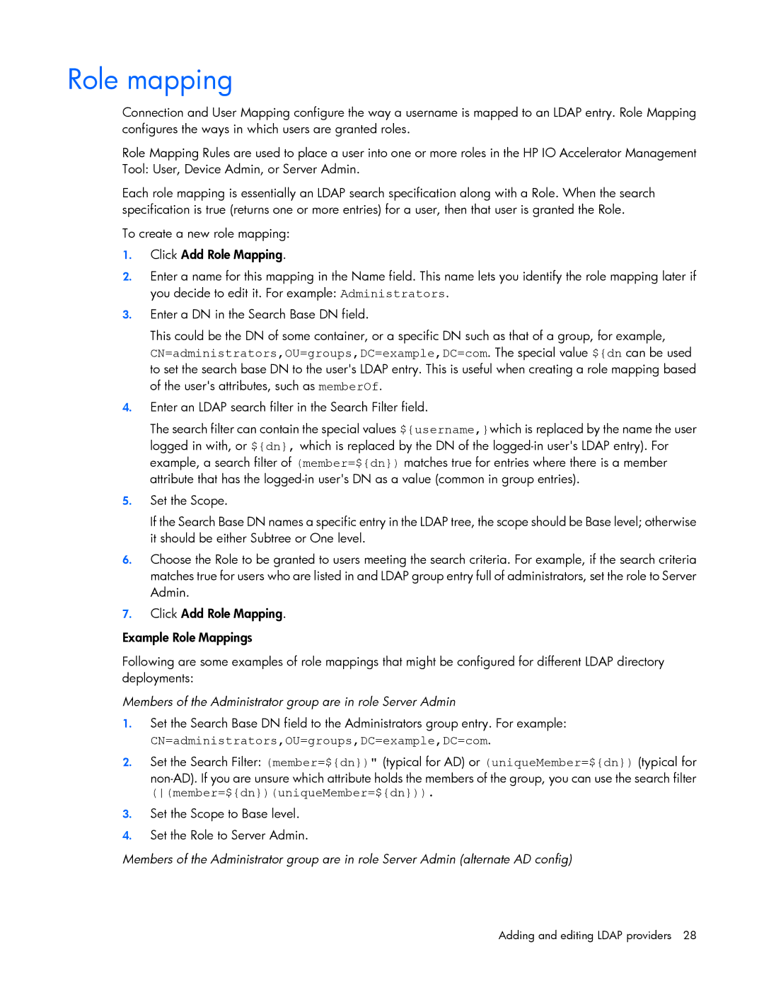 HP c-Class manual Role mapping, CN=administrators,OU=groups,DC=example,DC=com 