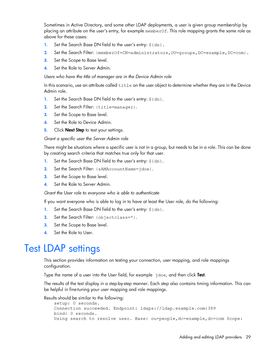 HP c-Class manual Test Ldap settings, Grant a specific user the Server Admin role 