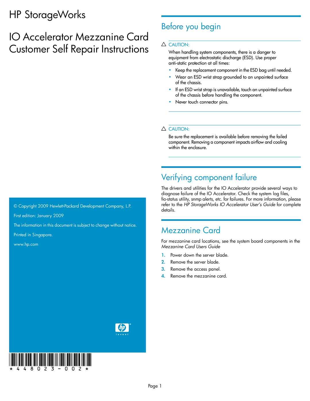 HP c-Class manual HP StorageWorks, Before you begin, Verifying component failure, Mezzanine Card 