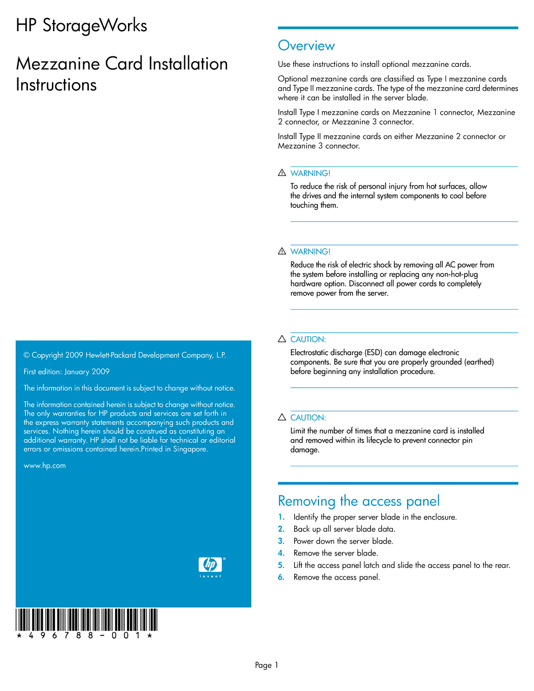 HP c-Class manual HP StorageWorks Mezzanine Card Installation Instructions, Overview, Removing the access panel 