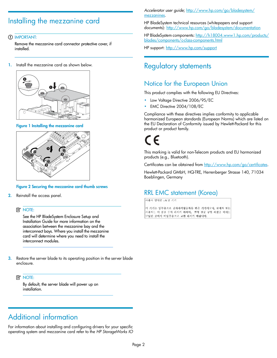 HP c-Class manual Installing the mezzanine card, Regulatory statements, Additional information 