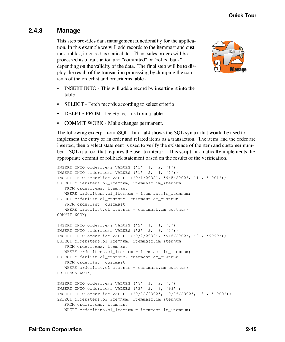 HP c-tree-SQL ISQL and Tools manual Manage, Rollback Work 