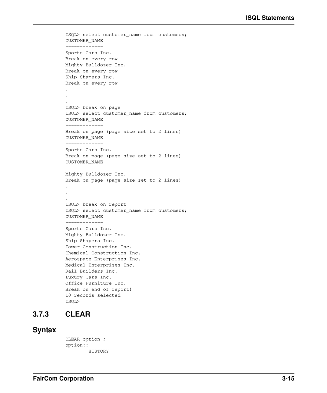 HP c-tree-SQL ISQL and Tools manual Clear Syntax, History 