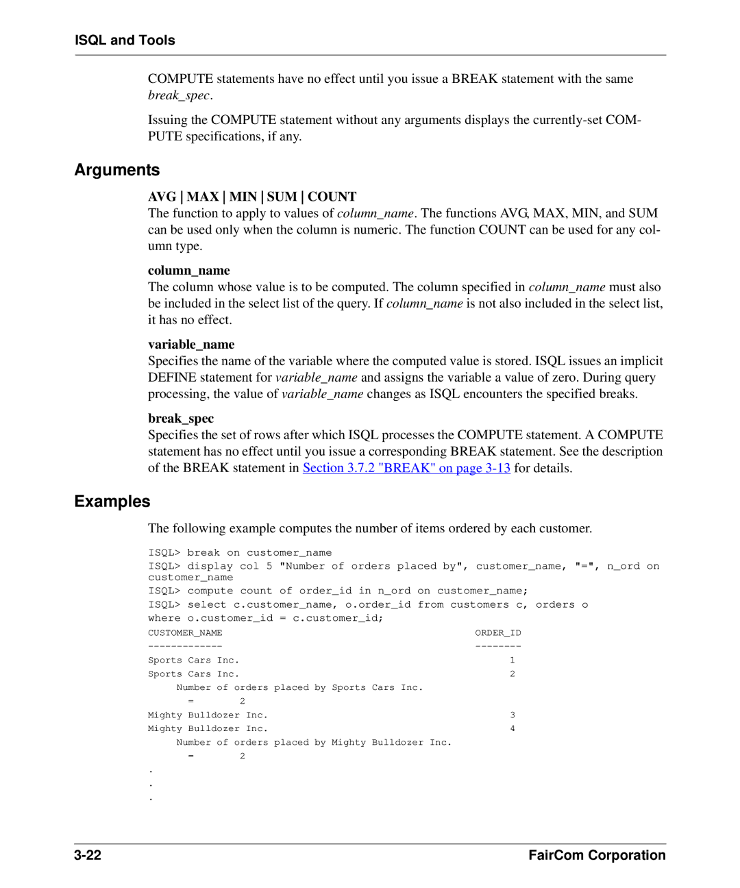 HP c-tree-SQL ISQL and Tools manual AVG MAX MIN SUM Count, Variablename 