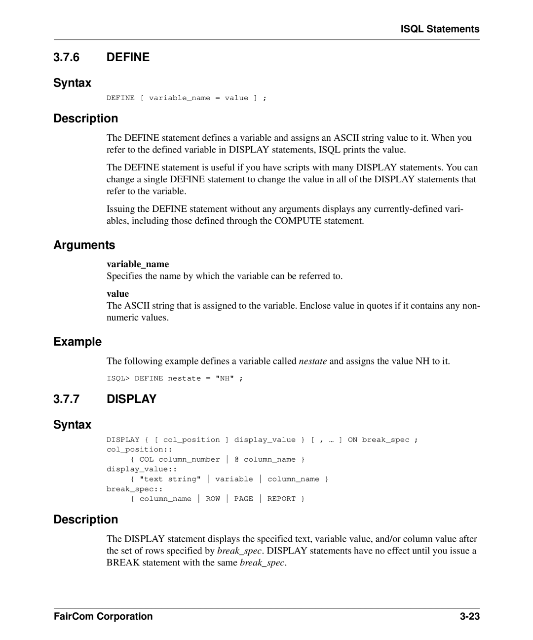 HP c-tree-SQL ISQL and Tools manual Define Syntax, Value 