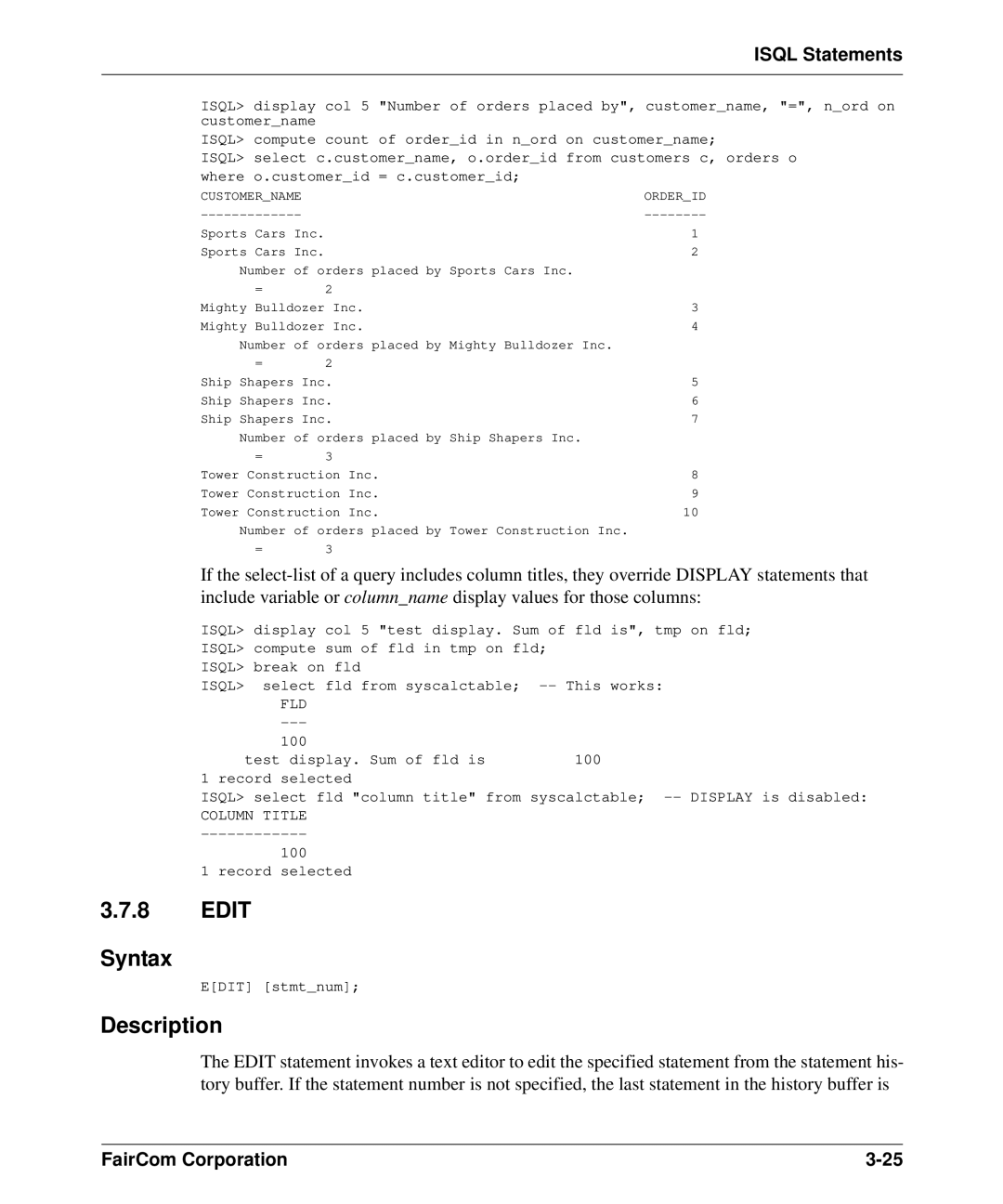 HP c-tree-SQL ISQL and Tools manual Edit Syntax, Fld 