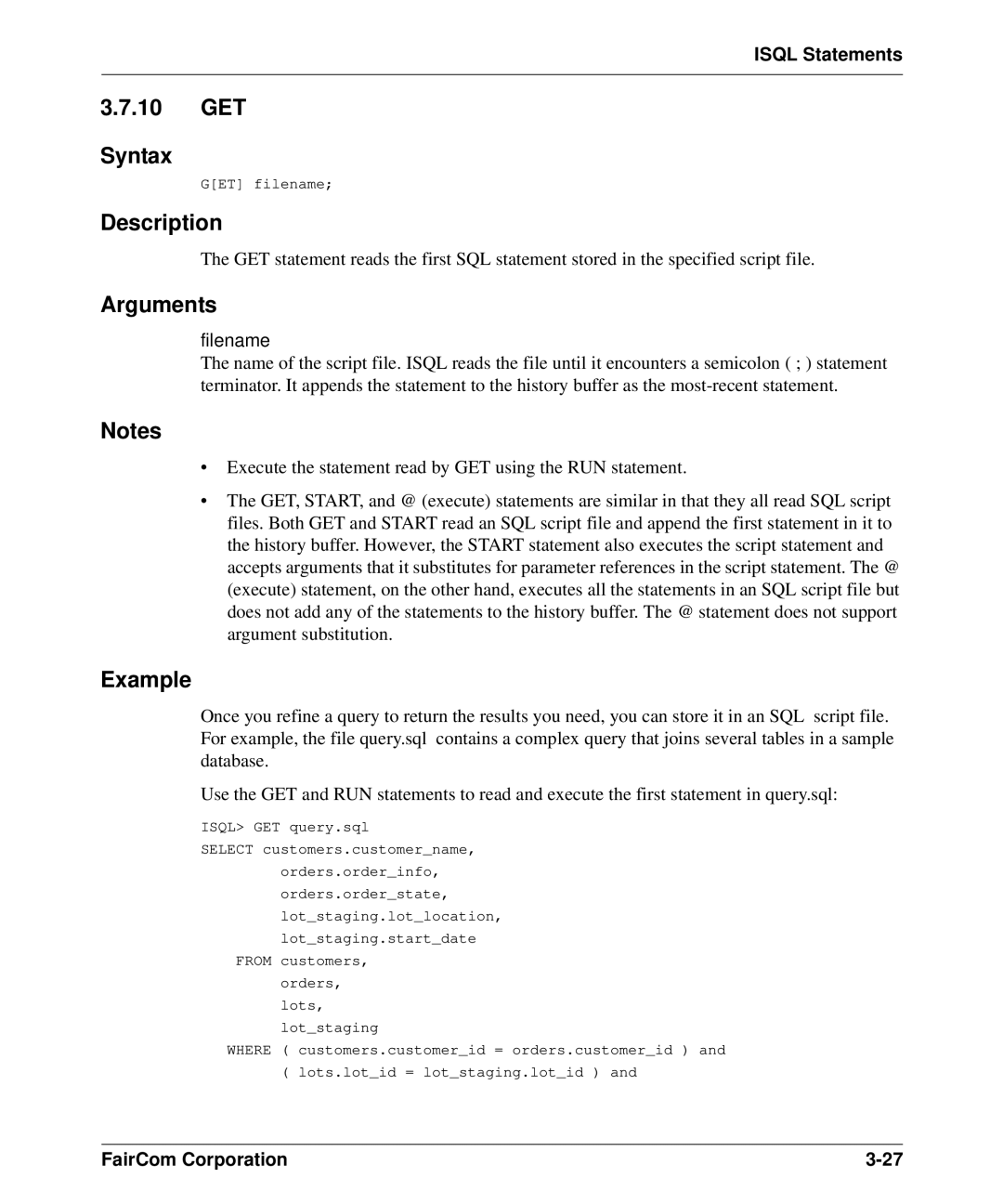 HP c-tree-SQL ISQL and Tools manual GET Syntax, Isql GET query.sql 