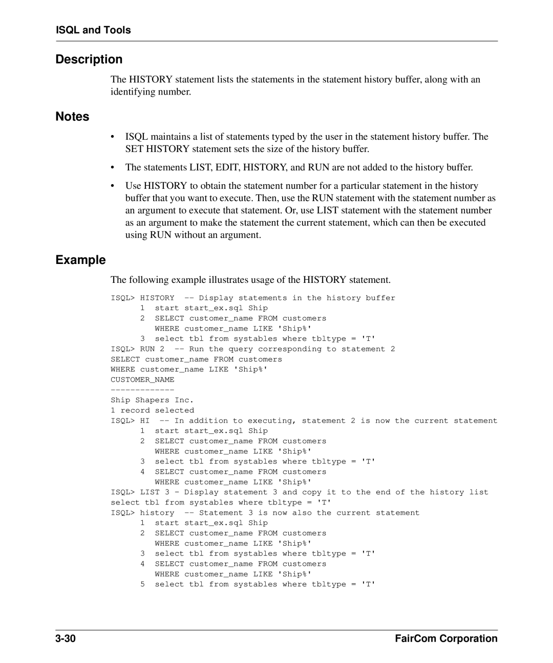 HP c-tree-SQL ISQL and Tools manual Following example illustrates usage of the History statement 